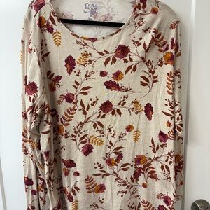 CROFT & BARROW CREAM & MAROON LEAF PRINT LONG SLEEVE CLASSIC TEE SZ 3X